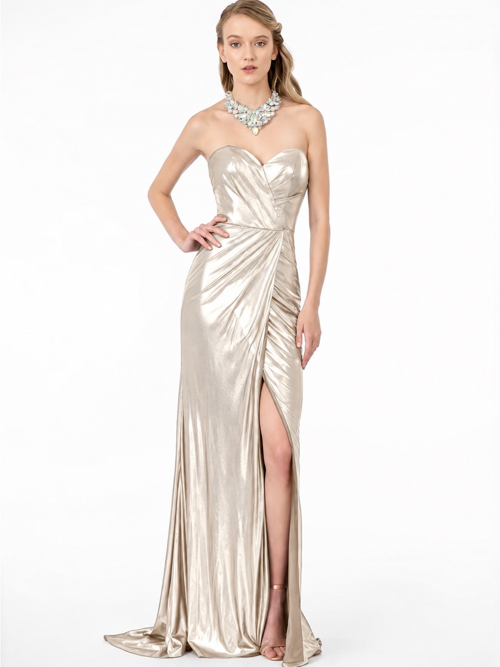 GLS Collective Metallic Champagne Strapless Gown with High Slit